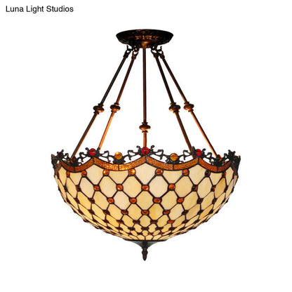 DecorBites™ DecorBites™ Lámpara de techo semiempotrada estilo Tiffany de cristal beige con detalles de cuentas - 16"/18" de ancho, 2 luces para pasillos