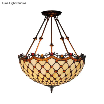 DecorBites™ DecorBites™ Lámpara de techo semiempotrada estilo Tiffany de cristal beige con detalles de cuentas - 16"/18" de ancho, 2 luces para pasillos