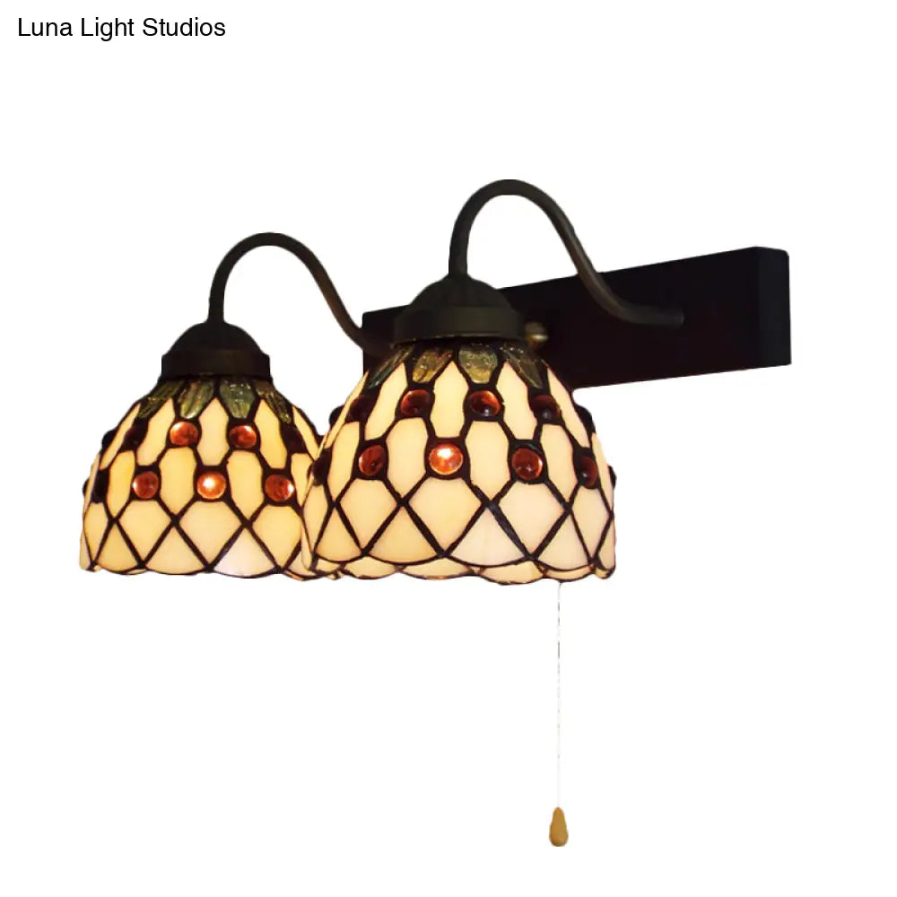 Beige Glass Tiffany Wall Mounted Sconce Lighting with Pull Chain - Black, 2-Head Dome Design
