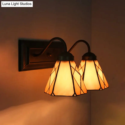 Beige Glass Tiffany Wall Sconce with 2 Black Heads for Living Room