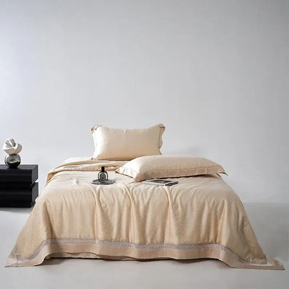 Beige satin bedding set with subtle gold embroidery and lace trim from decorbites leopard jacquard summer collection