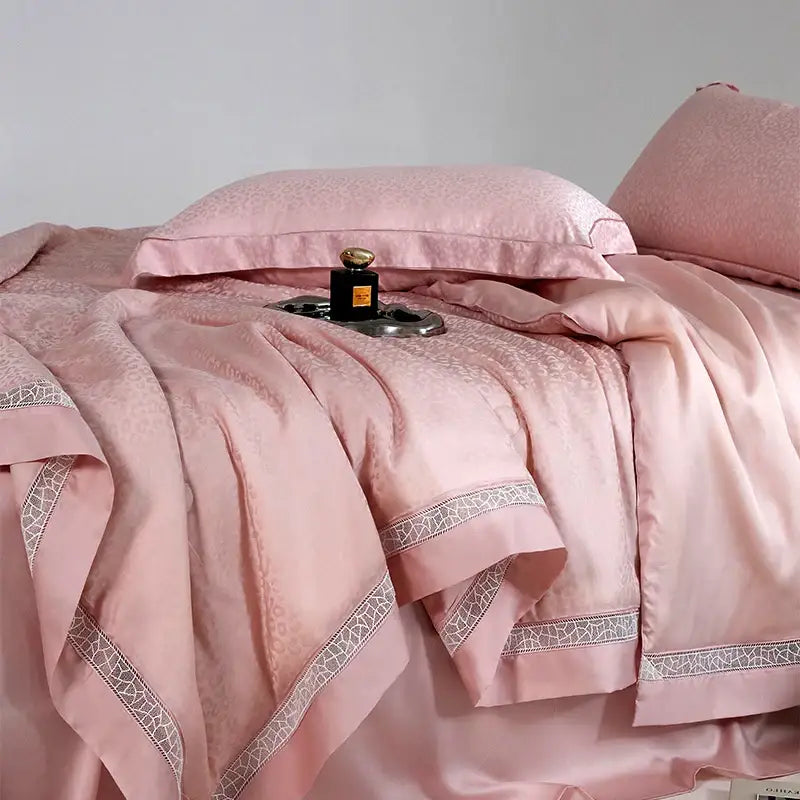 Pink satin bedding set with subtle embossed patterns and delicate lace trim by decorbites leopard jacquard summer