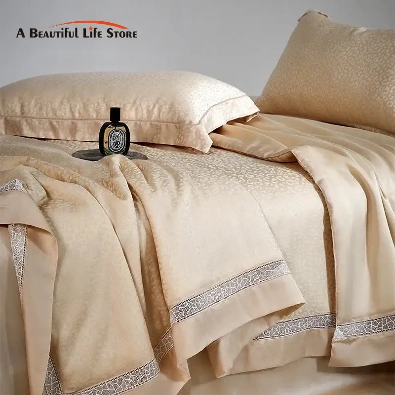 Beige satin bedding set with subtle gold-toned decorbites leopard jacquard summer pattern and lace-trimmed edges
