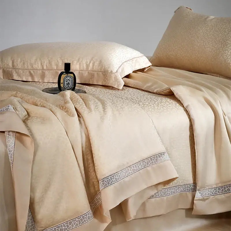 Beige satin bedding set with gold-toned decorbites leopard jacquard summer pattern and gray lace trim