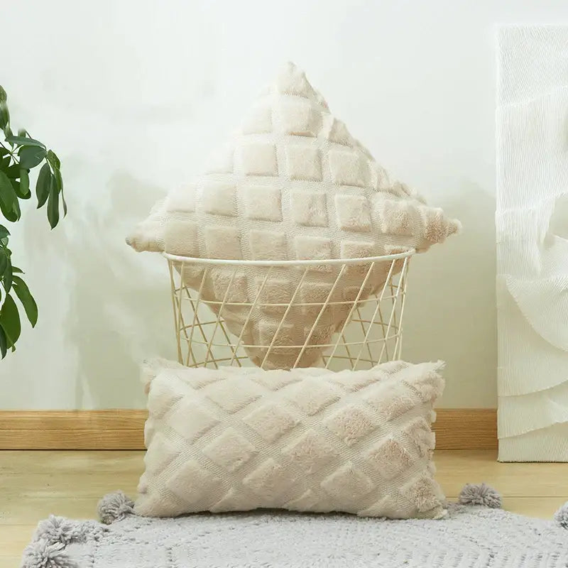 Cream-colored plush cushion cover with a fuzzy geometric diamond pattern for living room decor