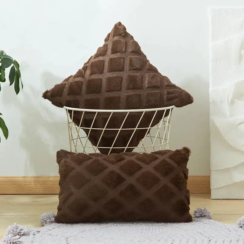 Brown textured throw pillow with geometric diamond pattern and fuzzy surface for living room cushion cover
