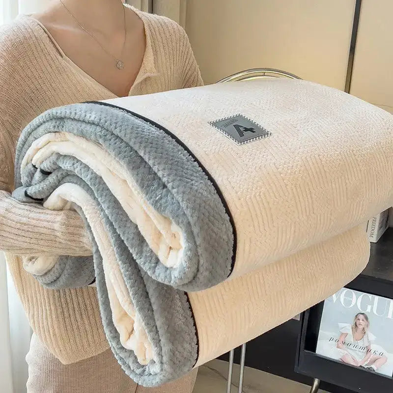 Beige and gray luxury velvet plush cotton blanket with soft textured fleece surface and contrasting black trim for bedroom throw