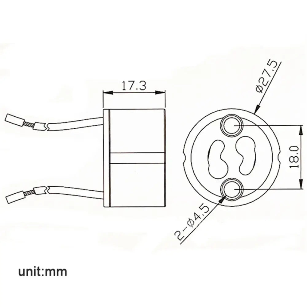 Beige gu10 ceramic socket holder with metal bracket showing metallic cylindrical socket with two wires and three contacts