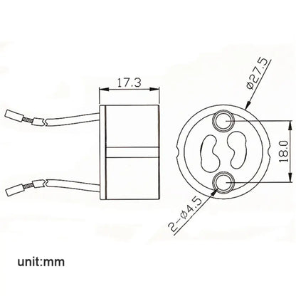 Beige gu10 ceramic socket holder with metal bracket showing metallic cylindrical socket with two wires and three contacts