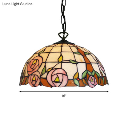 Beige Hand Cut Glass Tiffany Suspension Light - Flower Design