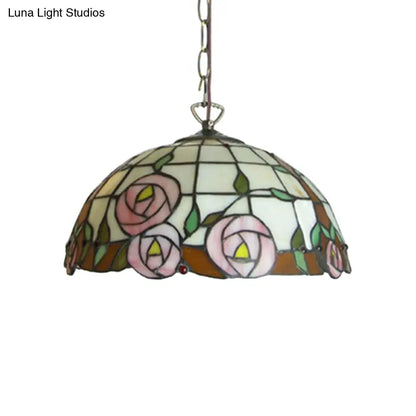 Beige Hand Cut Glass Tiffany Suspension Light - Flower Design