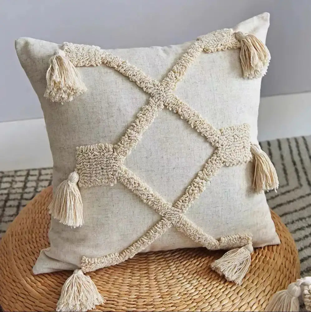 Beige handmade geometric tufted pillowcase set featuring cream-colored woven tassels in a linen decorbites design