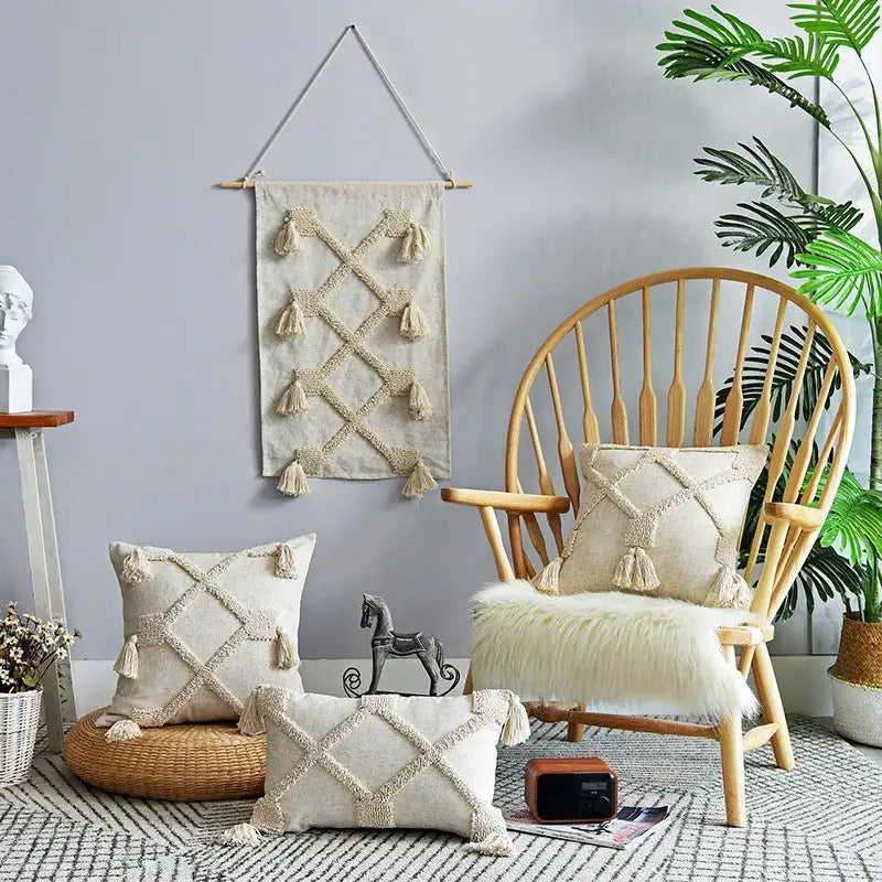 Beige handmade geometric tufted pillowcase set decorbites with woven tapestry and tassel accents for bedroom decor