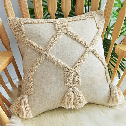 Beige handmade geometric tufted pillowcase set with textured woven diamond pattern and matching tassels for bedroom decor