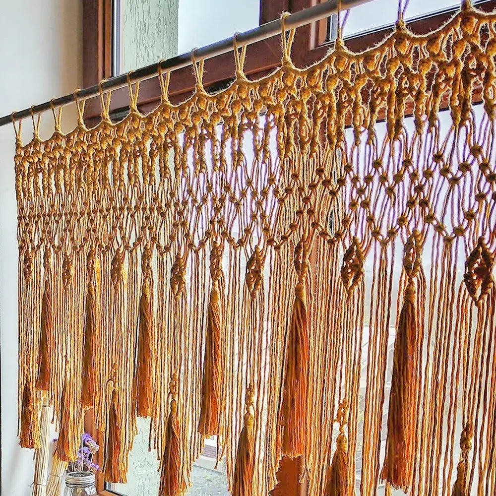 Beige handwoven macrame window curtain with golden intricate knotwork and tassels for living room decorbites handwoven macrame