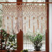 Beige decorbites handwoven macrame window curtain with intricate geometric patterns and tassels for living room decor
