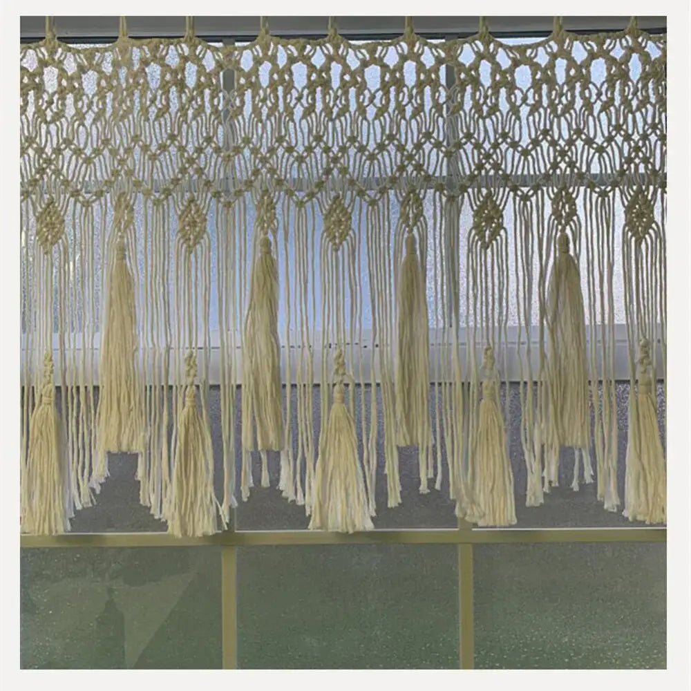 Beige handwoven macrame window curtain with tassels from decorbites for living room decorbites handwoven macrame