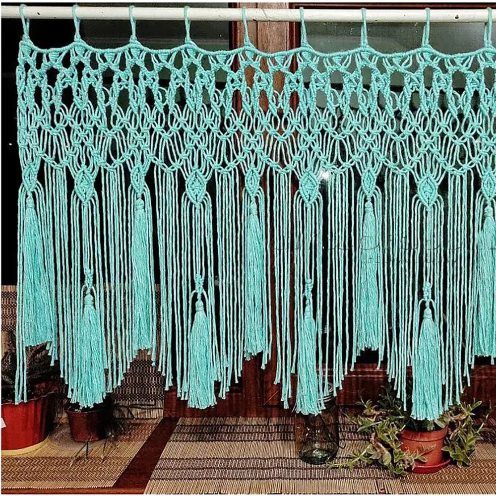 A turquoise decorbites handwoven macrame window curtain with intricate knotwork and tassels for living room decor