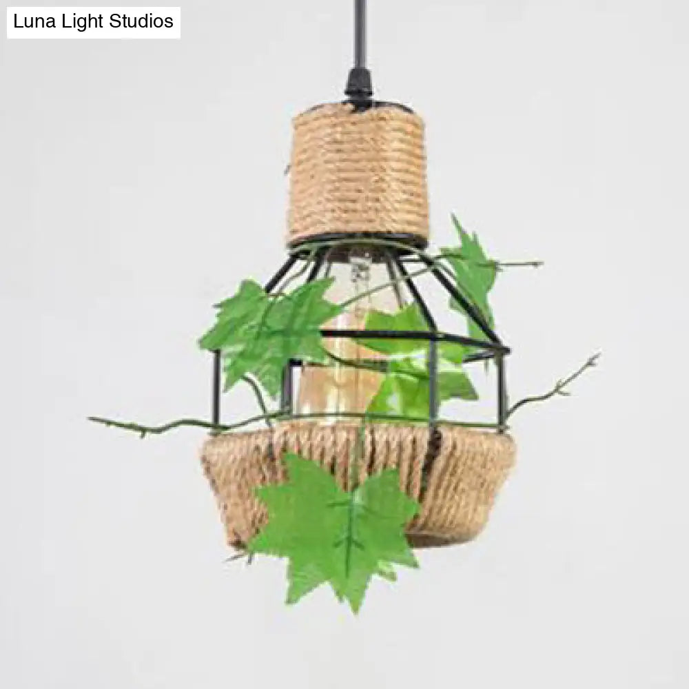 Beige Hanging Lamp: Country Style Metal & Rope Pendant Lighting for Coffee Shop