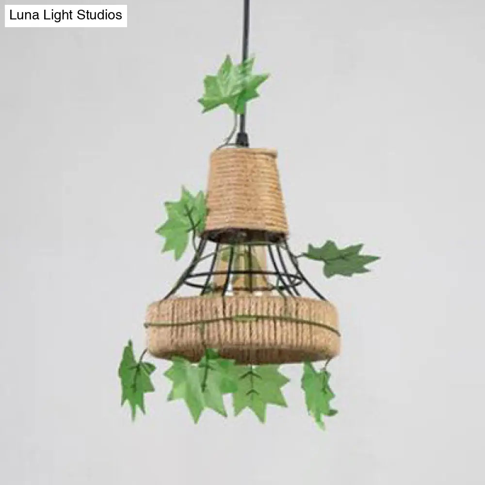 Beige Hanging Lamp: Country Style Metal & Rope Pendant Lighting for Coffee Shop