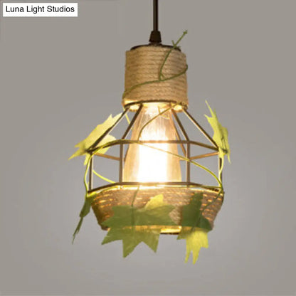 Beige Hanging Lamp: Country Style Metal & Rope Pendant Lighting for Coffee Shop