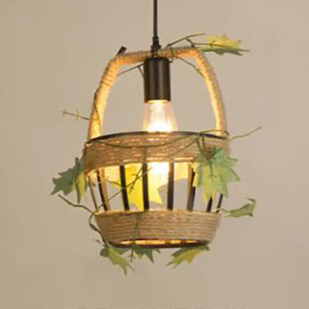 Beige Hanging Lamp: Country Style Metal & Rope Pendant Lighting for Coffee Shop