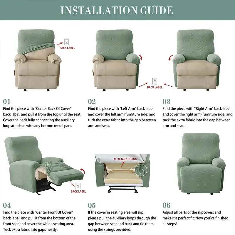 Green textured slipcover for recliner chair made of velvet plush fabric suitable for living room use