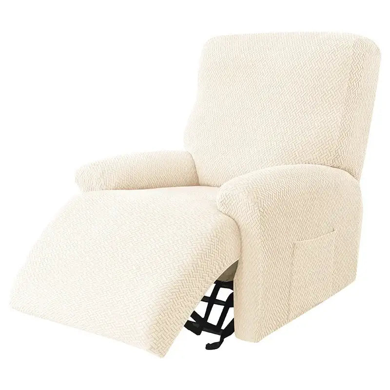 Beige herringbone velvet plush elastic recliner cover with cream-colored stretchy fabric for living room use