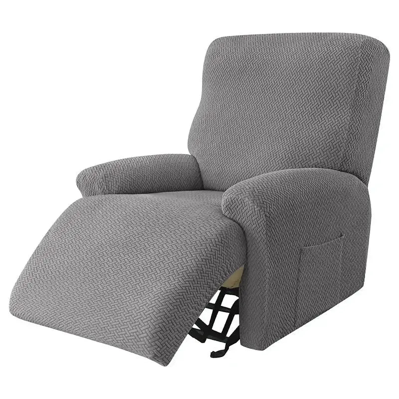 Gray herringbone-patterned stretch recliner cover made of velvet plush fabric for living room use