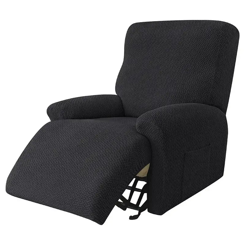 Black textured stretch recliner cover featuring velvet plush fabric for living room comfort and style