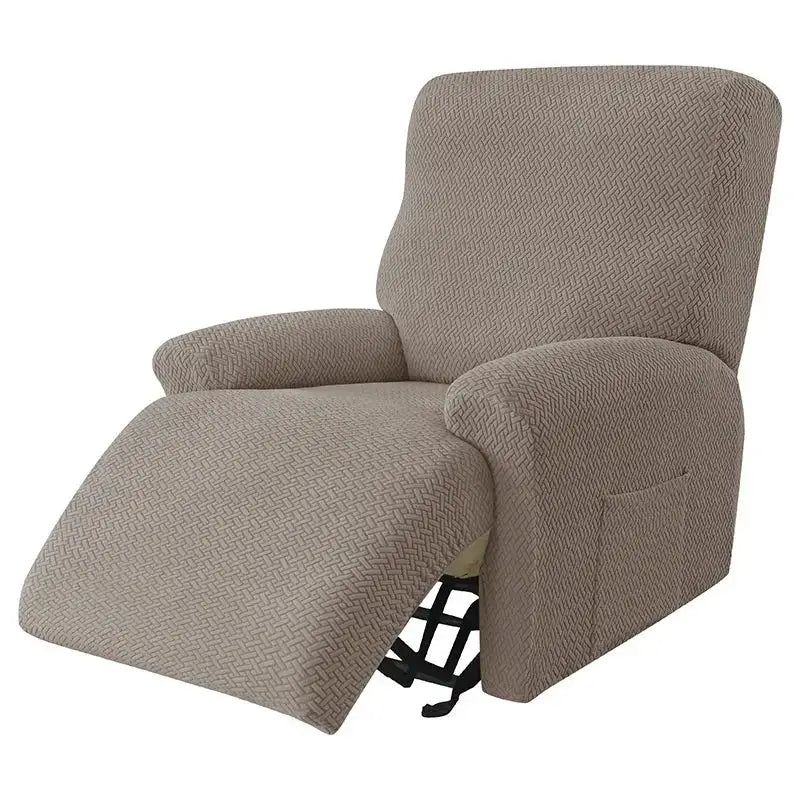 Beige velvet plush recliner cover with subtle herringbone pattern and textured fabric for living room use