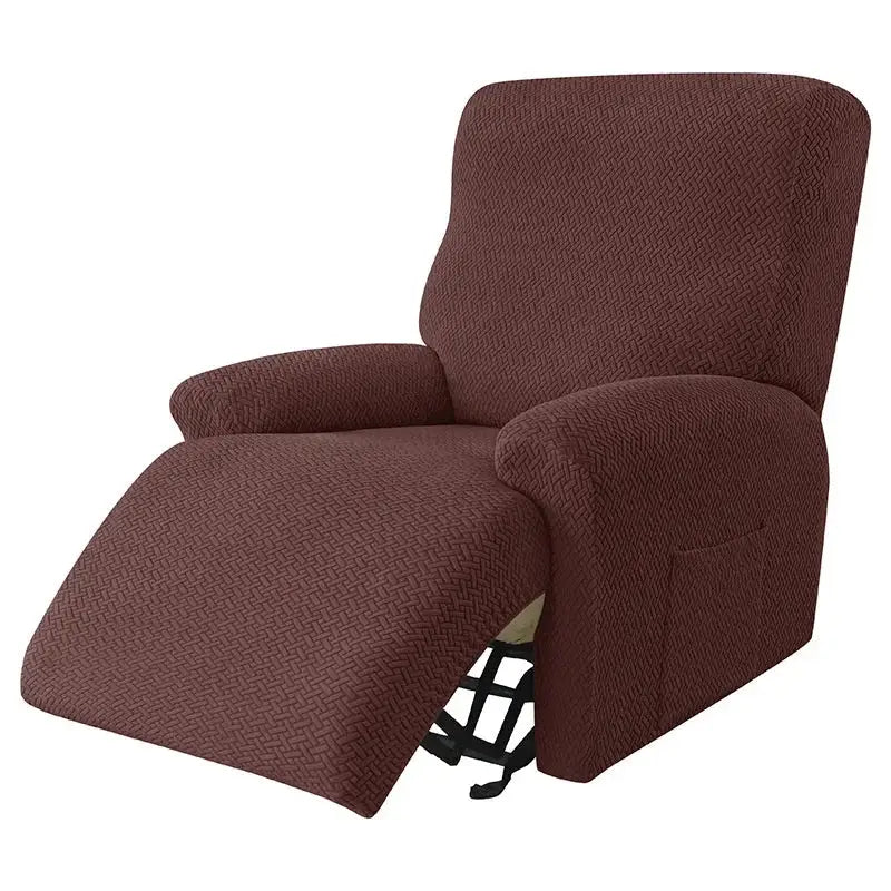 Brown textured stretch recliner cover with subtle herringbone pattern made of velvet plush for living room use
