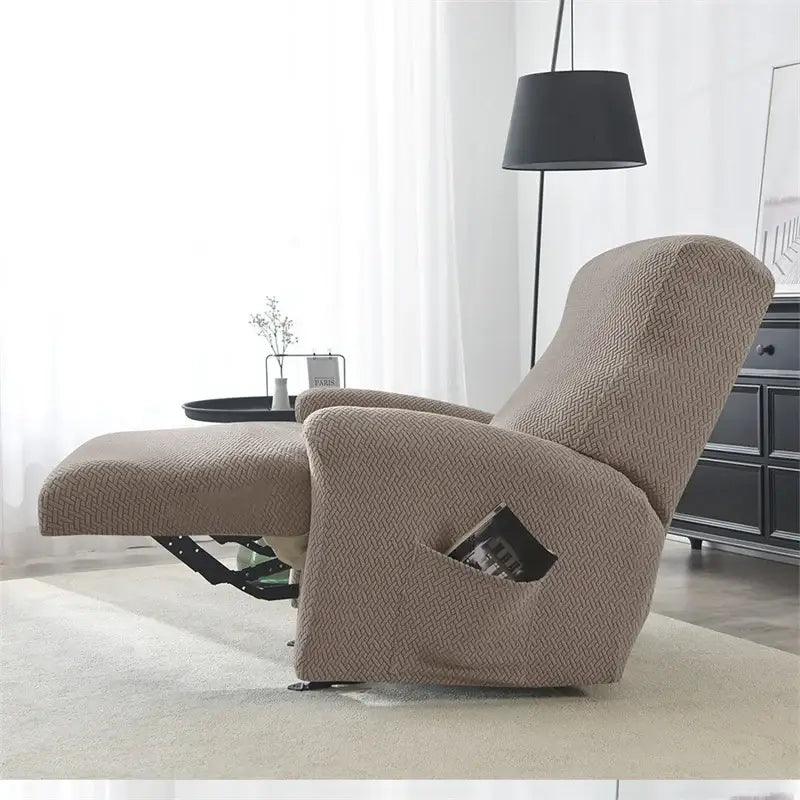 Beige herringbone velvet plush stretch fabric recliner cover with elastic fit for living room use