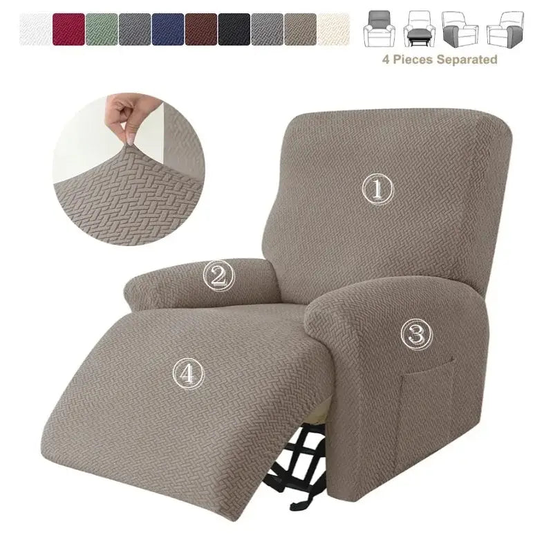 Beige herringbone velvet plush stretch recliner cover with front pocket for living room use