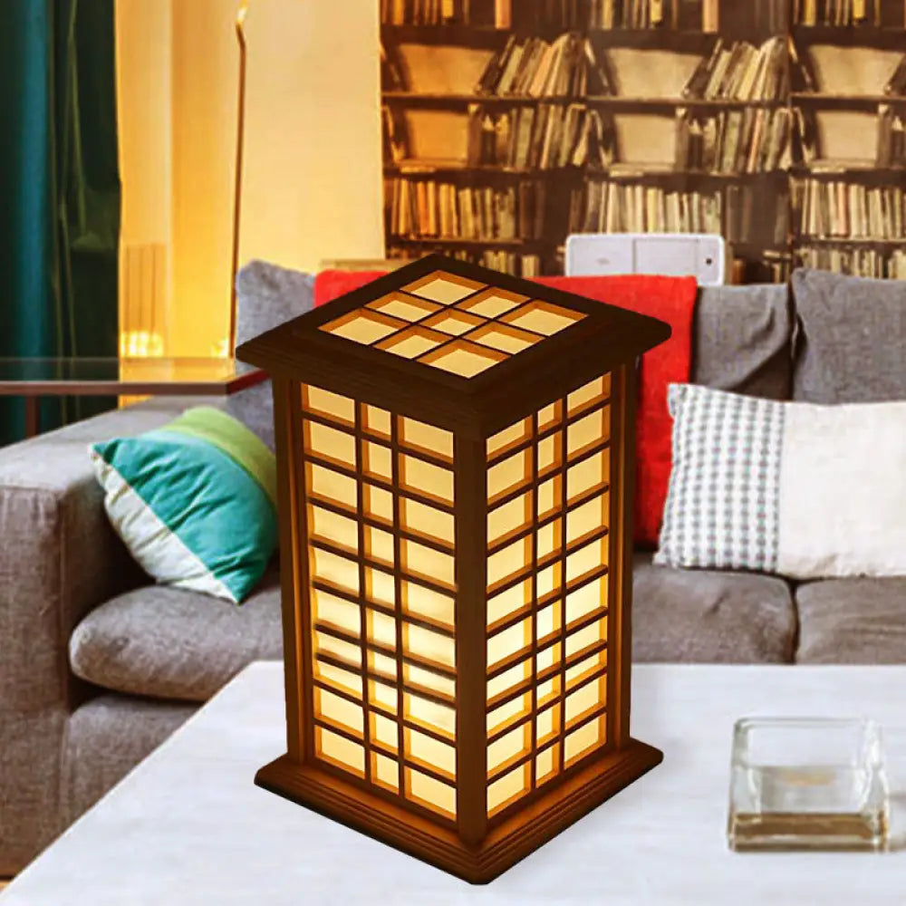 Beige House Task Lamp - Asian Wood Desk Light with Inner White Shade