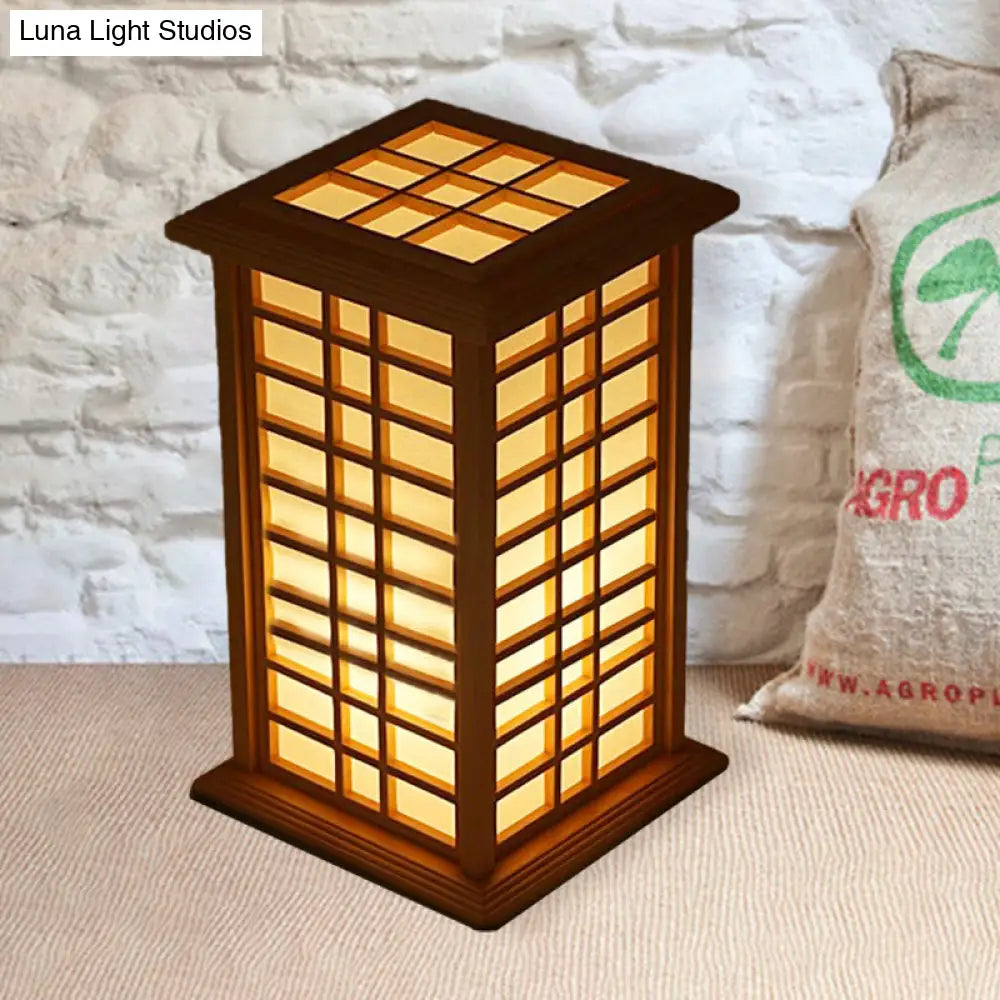 Beige House Task Lamp - Asian Wood Desk Light with Inner White Shade