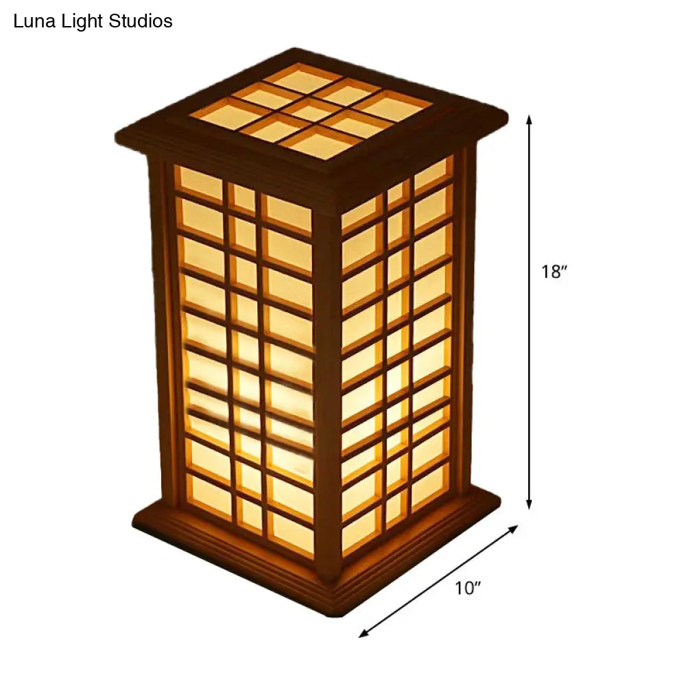 Beige House Task Lamp - Asian Wood Desk Light with Inner White Shade