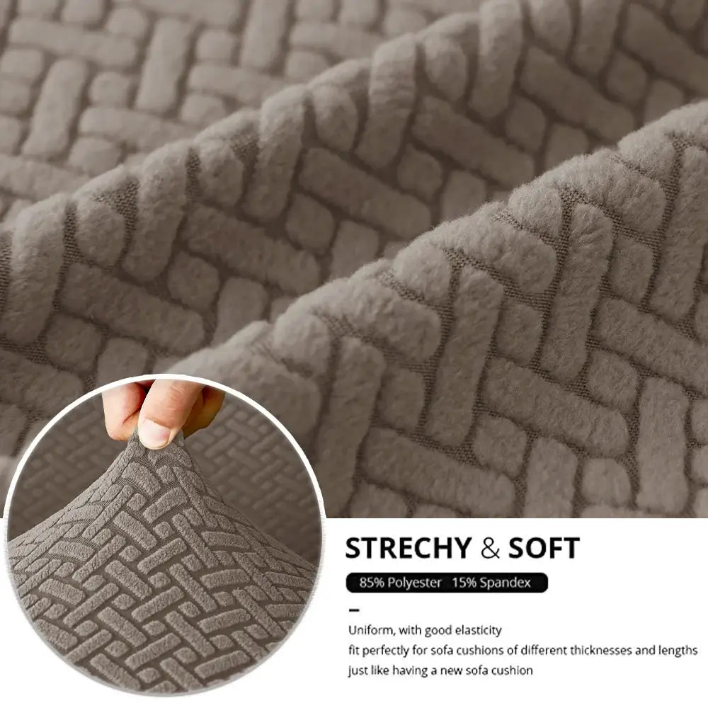 Gray stretchy fabric sofa cover with textured woven pattern for beige jacquard woven rv sofa living room protector