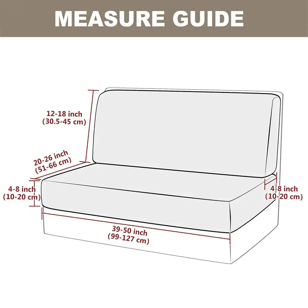 Gray fabric sofa cushion with precise dimensions for sizing guide on beige jacquard woven rv sofa cover protector