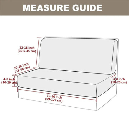 Gray fabric sofa cushion with precise dimensions for sizing guide on beige jacquard woven rv sofa cover protector