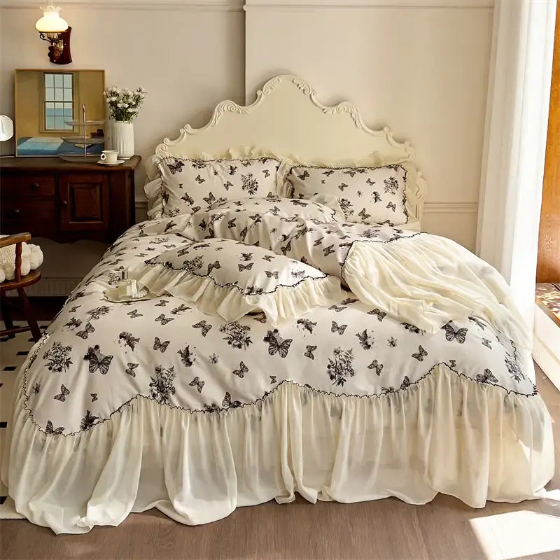 Cream-colored bedding set with beige lace ruffles and black floral butterfly print for elegant bedroom decorbites beige lace decor