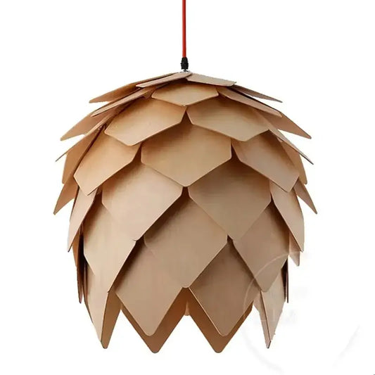 Beige layered pinecone pendant light made of oak wood and cardboard designed as an oak wood pendant light for dining room