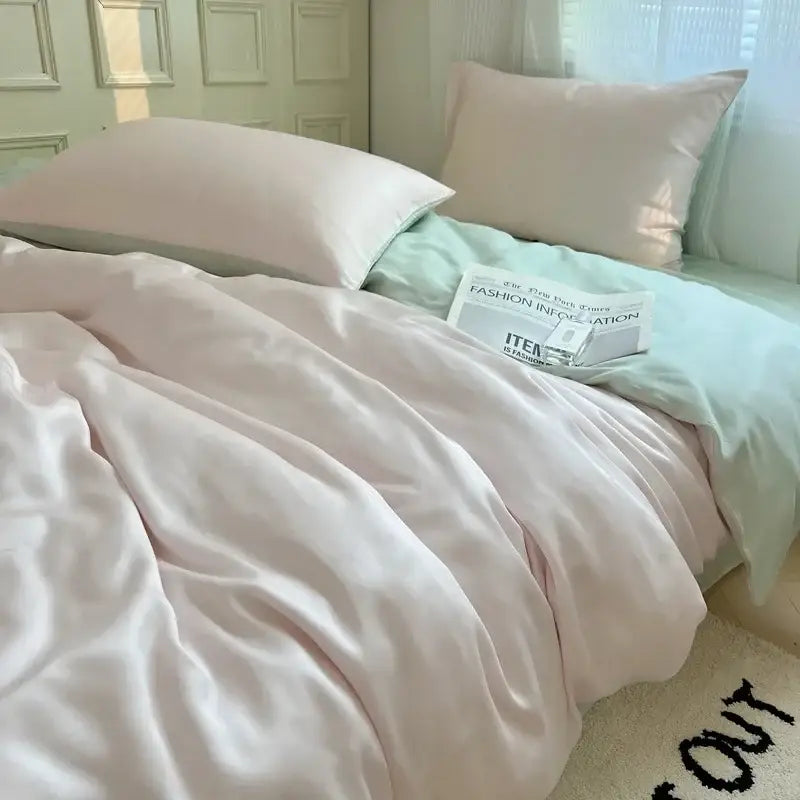 Soft pink satin duvet cover with subtle sheen and mint green bedsheet in decorbites ice silky solid bedding set