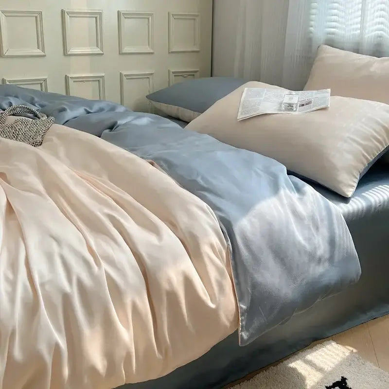 Beige and light blue ice silky solid bedding set with soft pastel satin duvet featuring a subtle sheen by decorbites ice silky