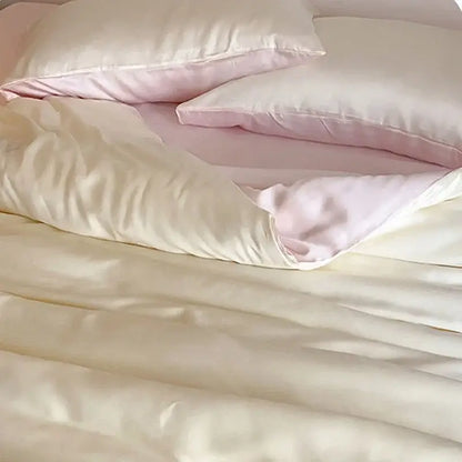 Soft cream satin duvet cover and pink pillows in beige and light blue ice silky solid bedding set by decorbites ice silky