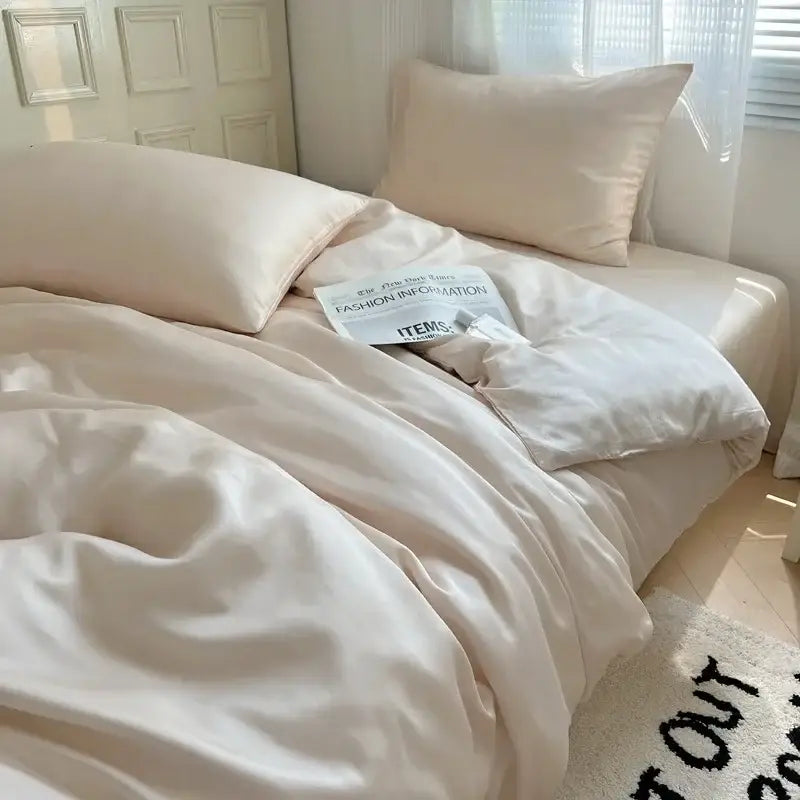 Cream-colored satin duvet cover set with matching pillowcases softly draped featuring ice silky solid decorbites bedding set