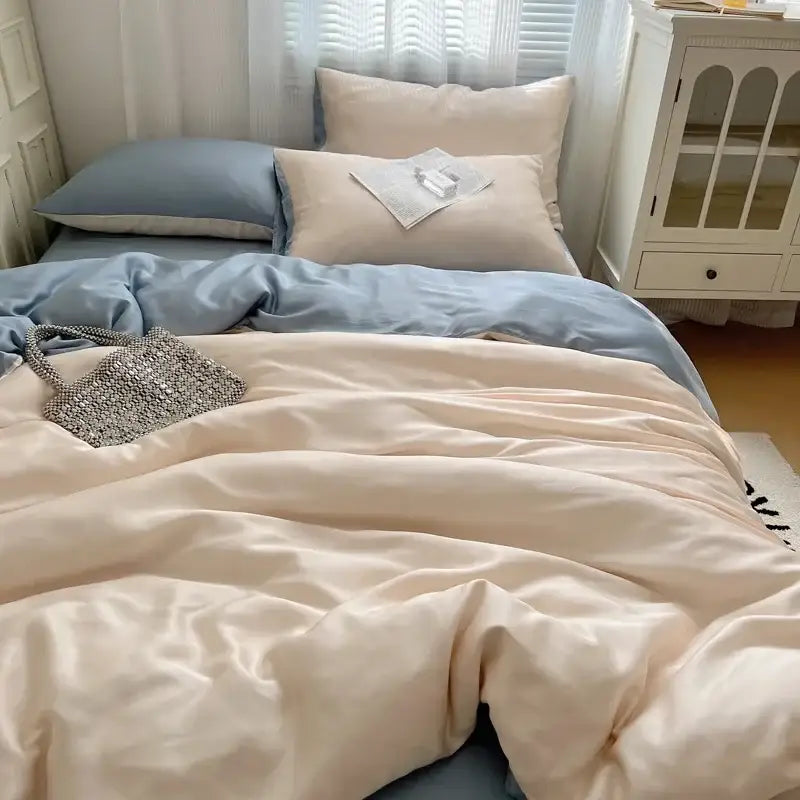 Beige and light blue ice silky solid bedding set with satin duvet cover and matching pillowcase by decorbites ice silky