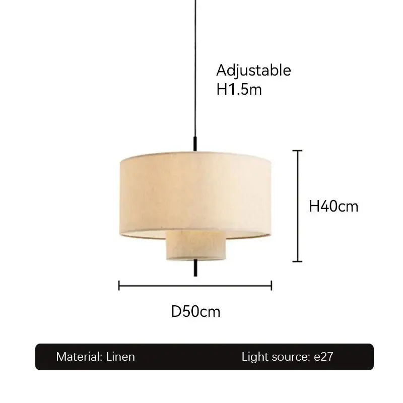 Beige linen handmade fabric chandelier pendant light with tiered cylindrical shade and adjustable height by decorbites handmade