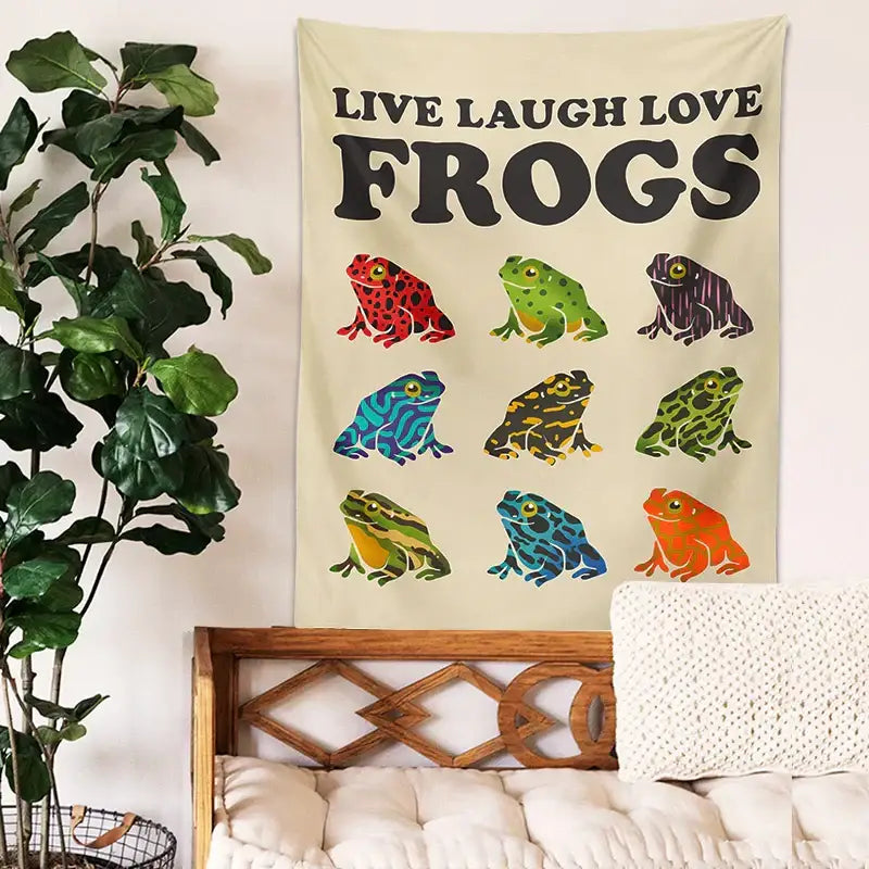 Beige live laugh love frogs tapestry wall hanging featuring bold black text and colorful stylized frogs for bedroom decorbites frogs tapestry