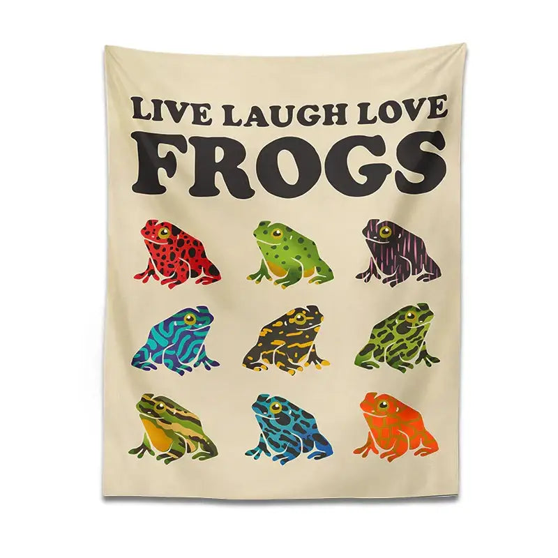 Beige live laugh love frogs tapestry wall hanging with bold black text and colorful frogs for bedroom decorbites frogs tapestry
